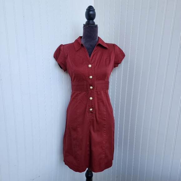 Dressbarn Womens Dress Cap Sleeve Snap Button Brick Red Burgundy Stretch Sz 4 - Picture 1 of 15